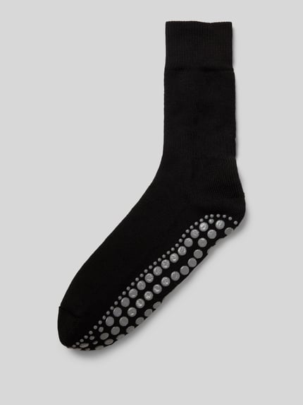 Produktfoto, Socken mit geripptem Abschluss von Falke in Schwarz mit Baumwoll-Woll-Mix, Stretch-Anteil, Anti-Rutsch-Besatz, körpernaher Schnitt