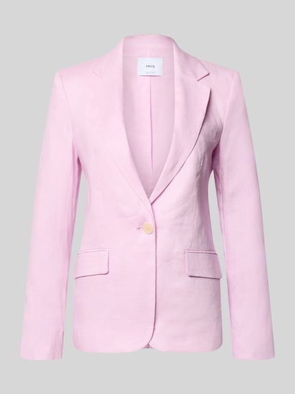 Produktfoto, Slim Fit Blazer aus Leinen mit Pattentaschen Modell 'BORELI' von Mango in zartem Rosa, Reverskragen, Knopfverschluss, Struktur von Leinen, Rückenlänge 65 cm, Brustweite 45 cm, Ärmellänge 63 cm bei Größe 36.