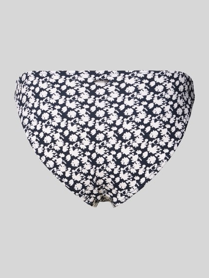 Produktfoto, Badeslip mit floral Allover-Muster von Marc O'Polo in dunklem Blau mit weißem Florales-Allover-Muster, Label-Applikation, Materialverarbeitung: Stretch