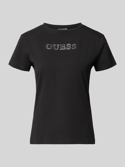 Produktfoto, schwarzes T-Shirt mit Logo Modell 'BRIANA' von Guess Activewear, Ziersteinbesatz, Rundhalsausschnitt, Baumwoll-Elasthan-Mix, Regular Fit