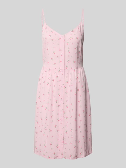 Produktfoto, Leicht ausgestelltes Minikleid aus reiner Viskose Modell 'TALA' von Pieces, rosa mit florales-Allover-Muster, V-Ausschnitt, verstellbare Spaghettiträger, gerade Saumkante, Material: reine Viskose.