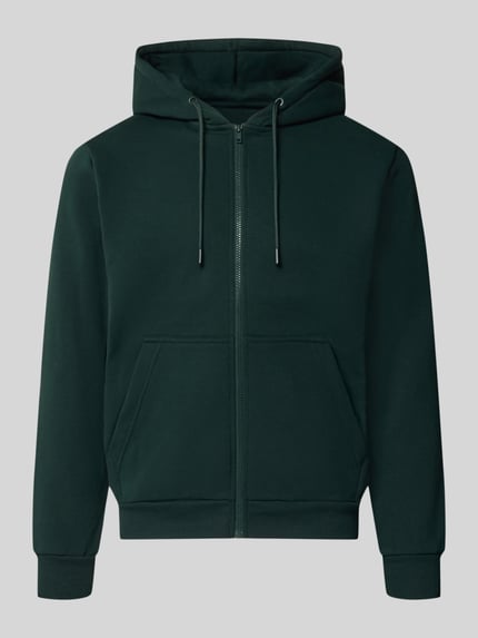 Produktfoto, Regular Fit Sweatjacke aus Baumwoll-Mix Modell 'BRADLEY' von JACK & JONES, głęboki zielony kolor, kieszeń kangurka, kaptur z tunel, elastyczne wykończenia, dł. tyłu w rozm. M: 67 cm, dł. rękawów: 68 cm