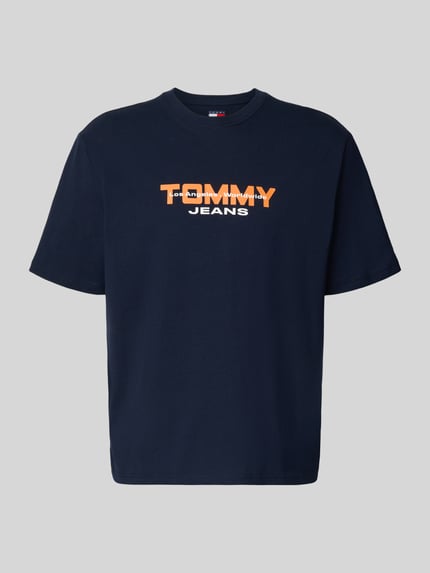 Produktfoto, Regular Fit T-Shirt aus reiner Baumwolle von Tommy Jeans in Dunkelblau, unifarben, Label-Schriftzug, Webware, Rundhals, Kurzarm