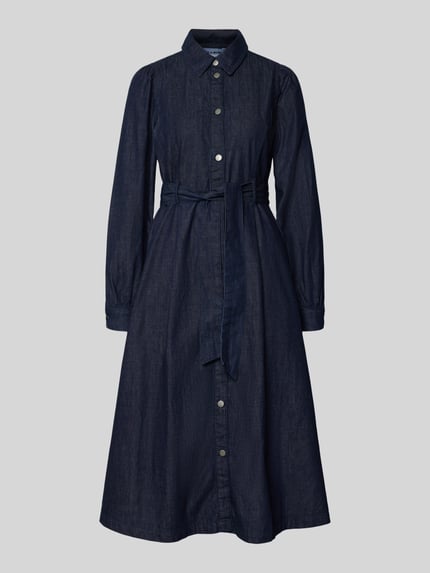 Produktfoto, Midikleid mit Druckknopfleiste von More & More z ciemnoniebieskiej bawełny, krój slim fit, pasek w talii, długość 117 cm, szerokość w rozmiarze 36: 47 cm, długość rękawa 65 cm, faktura gładka