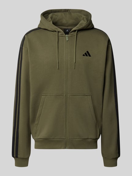 Produktfoto, oliwkowa bluza rozpinana Regular Fit Sweatjacke aus Baumwoll-Mix model 'M 3S FL FZ HD' od adidas Sportswear, gładka faktura, czarne paski na rękawach