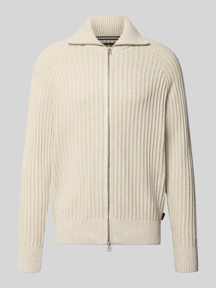 Produktfoto, Strickjacke in Two-Tone-Machart mit Zweiwege-Reißverschluss von Fynch-Hatton, cremefarbener Baumwoll-Woll-Mix in Ripp-Optik, Slim Fit