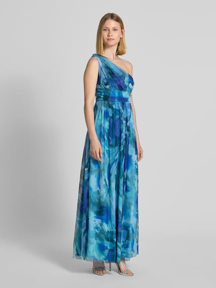 SWING Avondjurk met tailleband en one shoulder-band Oceaanblauw - 1