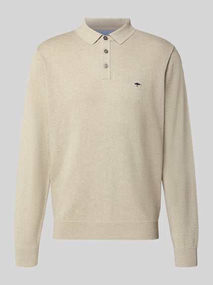 Produktfoto, Strickpullover mit Polokragen und Knopfleiste von Fynch-Hatton in Beige, reine Baumwolle, Regular Fit, dezente Label-Stitching.