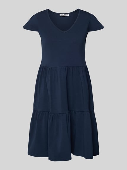 Produktfoto, Minikleid im Stufen-Look mit V-Ausschnitt van REVIEW, mix van katoen en elastaan, a-lijn, donkerblauw, structuur met laagjes