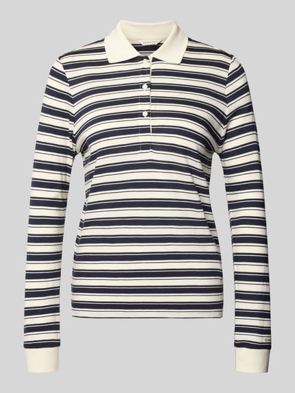 Produktfoto, Regular Fit Poloshirt met strepenpatroon van Gant in katoen-modal-mix, polokraag, knoopsluiting, wit en donkerblauw.