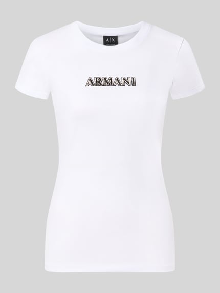 Produktfoto, Slim Fit T-Shirt aus Baumwolle von Armani Exchange in Weiß mit Rundhalsausschnitt und Strasssteinbesatz, Reine Baumwolle