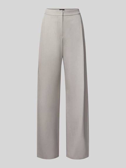 Produktfoto, Straight Fit Hose mit Viskose-Anteil von Emporio Armani in Hellgrau mit Bundfalten und elastischem Stoff, neutraler Hintergrund.