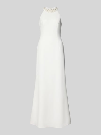 Produktfoto, Abendkleid mit Neckholder von Adrianna Papell in Weiß, Taillierter Schnitt, Material-Mix mit Stretch-Anteil, Nahtreißverschluss, blickdichtes Unterkleid, Rückenlänge bei Größe 36: 150 cm, Brustweite: 46 cm.