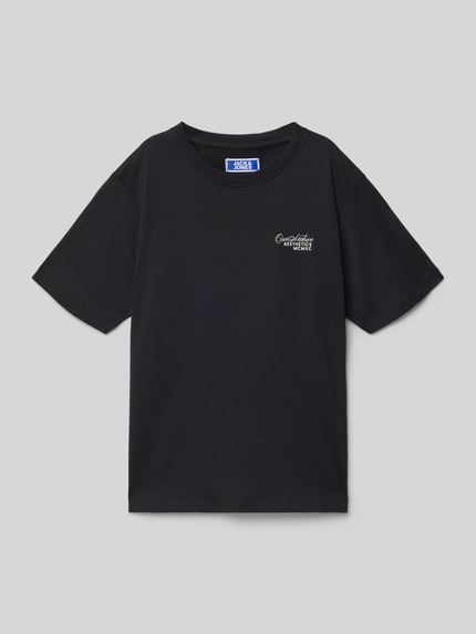 Produktfoto, T-shirt met labelprint Model 'ROAR' van Jack & Jones, puur katoen, regular fit, zwarte kleur, ruglengte maat 140: 52 cm.