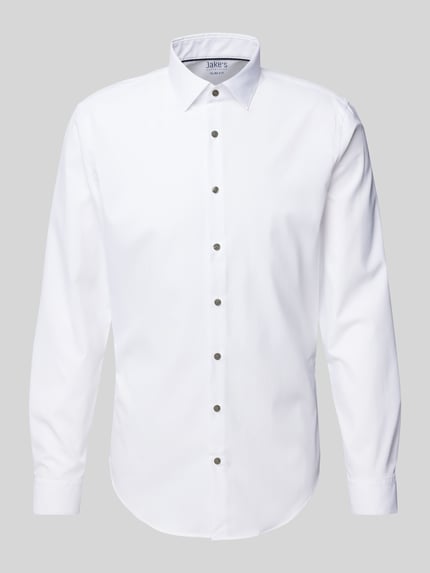 Produktfoto, weißes Super Slim Fit Business-Hemd mit Kentkragen von Jake*s, glatte Struktur, durchgehende Knopfleiste, neutrale Ansicht