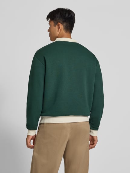 Männermodel trägt Regular Fit Sweatshirt aus Baumwoll-Mix von REVIEW in Dunkelgrün und Beige, elastische Abschlüsse, Ganzkörperansicht Rückansicht.