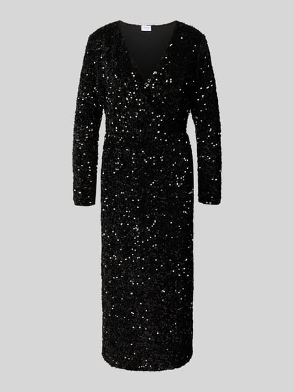 Produktfoto, schwarzes, langärmeliges Midikleid mit V-Ausschnitt, Paillettenbesatz, taillierter Schnitt, Modell 'FAITH' von Vila.
