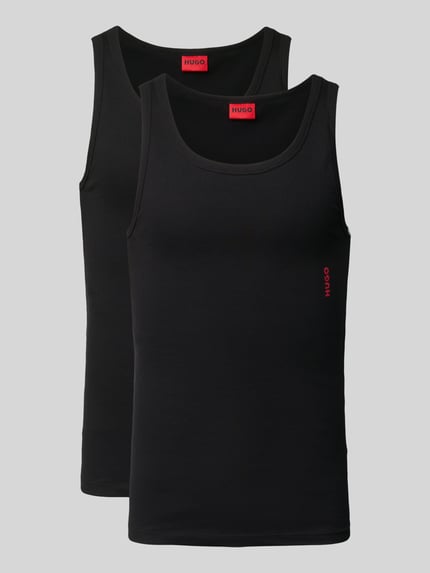 Produktfoto, Tanktop mit Label-Print im 2er-Pack von HUGO aus Baumwoll-Elasthan-Mix in Schwarz, körpernahe Passform, Ripp-Optik
