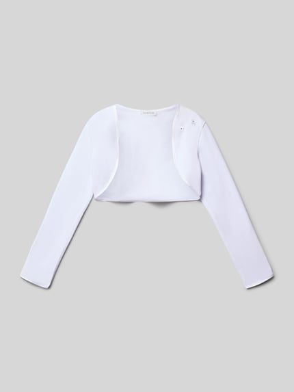 Produktfoto, weißer Regular Fit Bolero mit floralen Applikationen von Weise, elastischer Baumwoll-Mix, Bordüre, klare Linien, glatte Textur