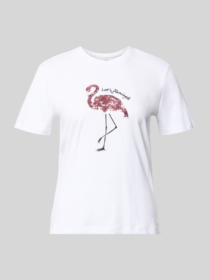 Produktfoto, weißes Regular Fit T-Shirt aus reiner Baumwolle Modell 'KITA' von Only, mit rosa Flamingo-Motiv und glatter Textur. Damen T-Shirt von Only