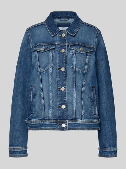 Produktfoto, Jeansjacke mit Umlegekragen von Christian Berg Woman in Denim-Optik, taillierter Schnitt, Baumwoll-Mix mit Stretch-Anteil, Knopfleiste, Brust- und Eingrifftaschen, blaue Farbe, sichtbare Nähte, strukturierte Oberfläche