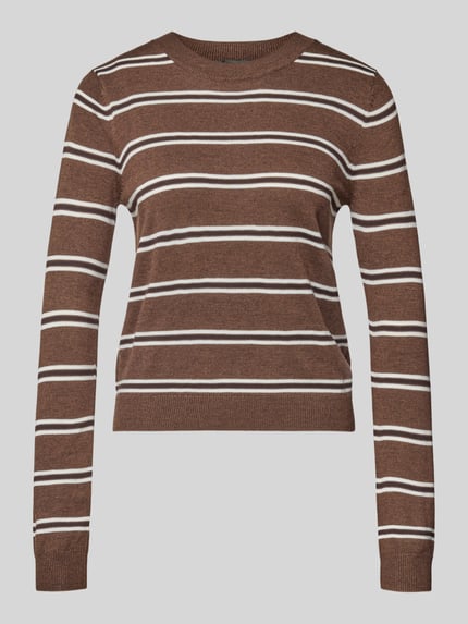 Produktfoto, braun-weißer Strickpullover mit Rundhalsausschnitt Modell 'LLADO' von MANGO, Woll-Materialmix, Straight Fit, Damenmode