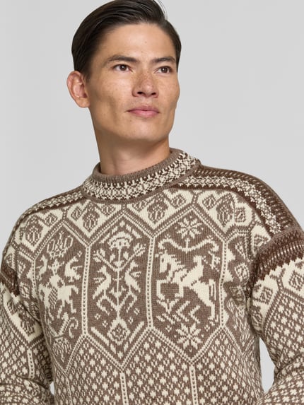 Männermodel trägt Strickpullover mit Stehkragen von Dale of Norway in Braun-Beige mit geradem Schnitt, Nahaufnahme Oberkörper.