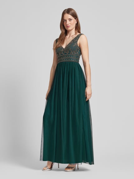 Lace & Beads Abendkleid mit Perlen- und Ziersteinbesatz Dunkelgruen 1