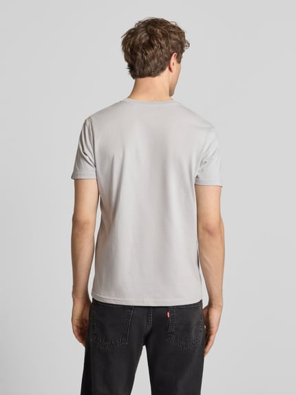 Männermodel trägt T-Shirt mit Label-Detail von Alpha Industries in hellem Grau aus Reine Baumwolle, Gerader-Schnitt, Ganzkörperansicht Rückansicht.