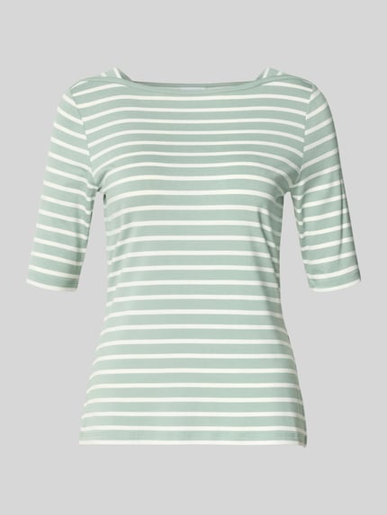 Produktfoto, Slim Fit T-Shirt aus Viskose-Mix von Comma, Damen T-Shirt im Viskose-Elasthan-Mix mit Envelope-Ausschnitt, Halbarm, feine grüne und weiße Streifen, Rückenlänge bei Größe 36: 51 cm.