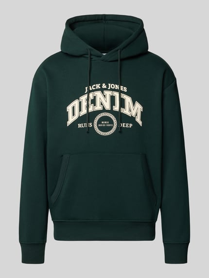 Produktfoto, Hoodie mit Label-Print Modell 'JAM' von JACK & JONES in Dunkelgrün, Känguru-Tasche, Baumwoll-Materialmix, Regular Fit