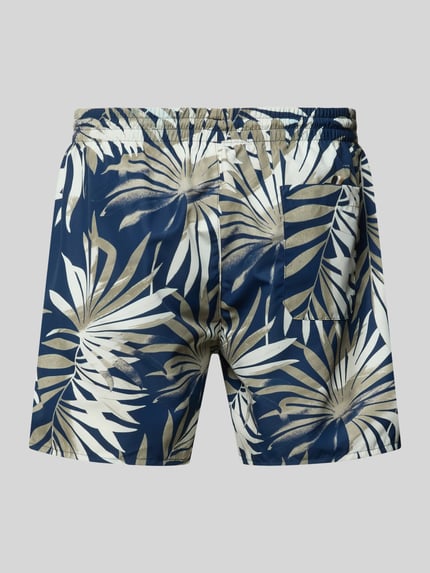 Produktfoto, zwembroek met blauw-beige all-over motief, model 'PIRANHA' van BOSS, heren, gladde stof, enkel het product zichtbaar