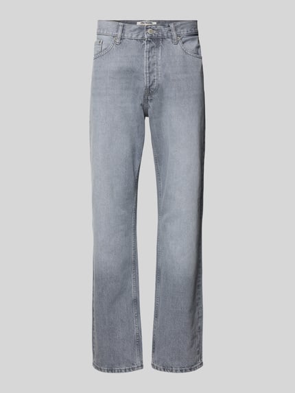 Produktfoto, Straight Fit Jeans aus reiner Baumwolle Modell 'EDGE' von Only & Sons in grauer Unifarbe mit Label-Stitching im 5-Pocket-Design, Denim-Textur