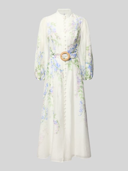 Produktfoto, Abendkleid aus Lyocell-Leinen-Mix Modell 'Sheridan' von Forever New in Weiß mit pastellfarbenem Blumenmuster, taillierte Passform, Stehkragen, 3/4-Arm, Gürtel mit Dornschließe, durchgehende Knopfleiste, blickdichter Unterrock, leichte Leinenstruktur.