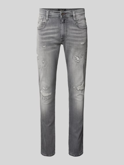 Produktfoto, Slim Fit Jeans im Destroyed-Look Modell 'Anbass' od Replay, mieszanka bawełny i elastanu, szerokość w rozmiarze 32/32: 42 cm, długość wewnętrzna nogawki 81 cm, krój slim fit, przetarcia, szary kolor