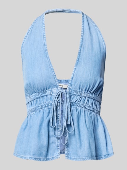 Produktfoto, Blusentop in Denim-Optik Modell 'EVA' von Mango, hellblauer Baumwoll-Elasthan-Mix, Schnürung vorn, Slim Fit, strukturierte Textur