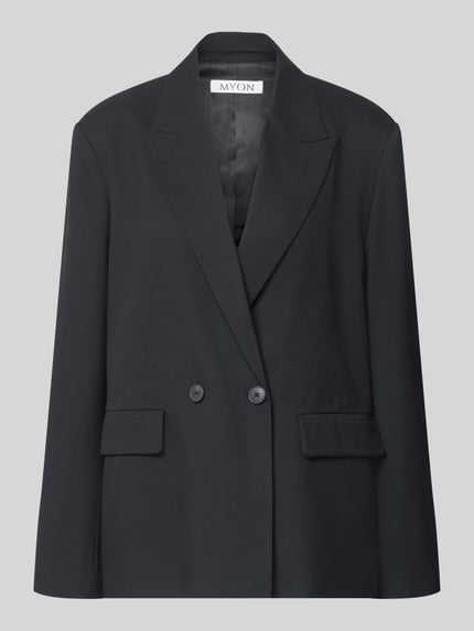 Productfoto, Relaxed Fit Blazer met viscose van MYON, zwarte kleur, elastische materiaalmix, reverskraag, dubbele knoopsluiting, ruglengte maat 36 72 cm, borstwijdte maat 36 48 cm, mouwlengte maat 36 63 cm, gladde textuur