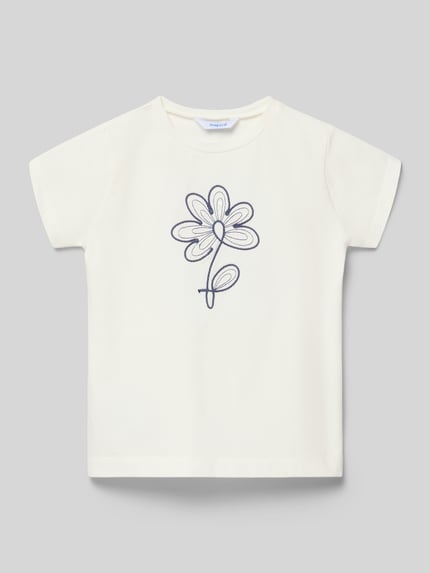 Produktfoto, T-Shirt mit floralem Stitching von Mayoral in Offwhite, Rundhals, gerader Schnitt, glatte Textur, Baumwoll-Elasthan-Mix