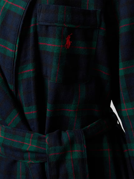 Produktfoto, Regular Fit Bademantel aus reiner Baumwolle von Polo Ralph Lauren, kariert in Dunkelblau, Grün und Rot, weiche Textur, Damen Bademantel von Polo Ralph Lauren