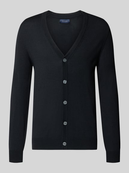 Produktfoto, Cardigan aus Woll-Mix mit V-Ausschnitt von Christian Berg Men in Schwarz, feine Strickstruktur, körpernaher Schnitt, Knopfleiste