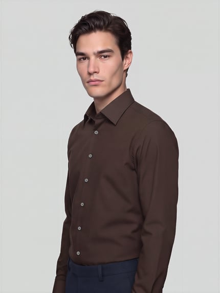 Männermodel trägt Slim Fit Businesshemd aus Baumwoll-Mix Modell 'FILIP' von Selected in Dunkelbraun, Nahaufnahme Oberkörper. Herren Businesshemd von Selected