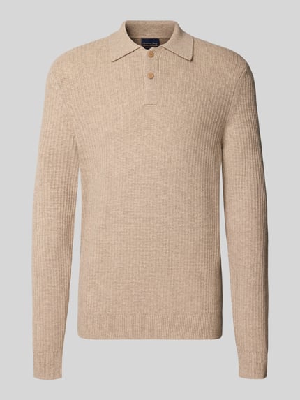 Produktfoto, Slim Fit Strickpullover aus Woll-Kaschmir-Mix mit Polo-Kragen von Christian Berg Men in Beige mit elastischen Abschlüssen, feine Rippstruktur