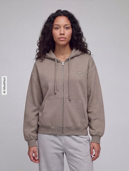 Frauenmodel trägt Regular Fit Sweatjacke aus Baumwoll-Mix von Levi's® in Beige mit Reißverschluss und Kapuze, Ganzkörperansicht von vorne, KI-modifiziertes Bild.