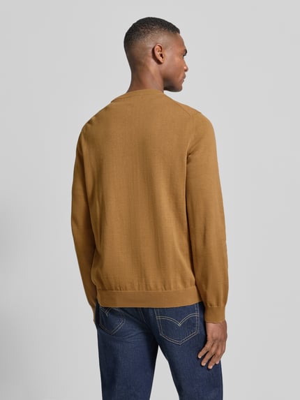 Männermodel trägt Regular Fit Strickpullover aus Baumwoll-Mix von Lacoste, Optik: Unifarben, Label-Patch, Ganzkörperansicht Rückansicht.