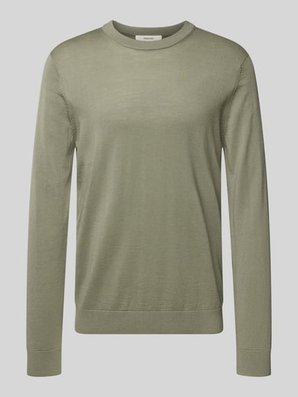 Produktfoto, Regular Fit Pullover aus reiner Wolle Modell 'TRAY' von SELECTED HOMME in Olivgrün, unifarben, Feinstrick, gerippte Bündchen, Rundhalsausschnitt
