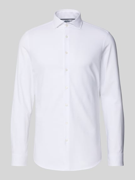 Produktfoto, weißes Super Slim Fit Business Hemden mit Haikragen von Jake*s aus Baumwoll-Mix mit Stretch-Anteil, Knopfleiste, glatte Oberfläche.