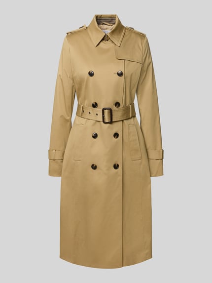 Produktfoto, sandfarbener Regular Fit Trenchcoat aus Baumwoll-Mix von Jake*s Collection, glatte Oberfläche, Knopfleiste, Gürtel