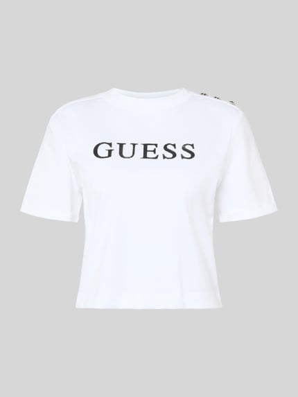 Produktfoto, Cropped T-Shirt mit Logo Modell 'MARINA' van Guess, wit katoen, ronde hals, logo voorop, dames T-shirt, lengte maat S: 45 cm