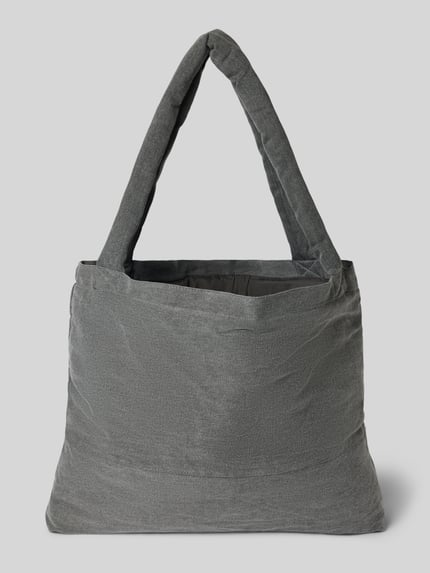 Produktfoto, Tote Bag aus reiner Baumwolle in Denim-Optik von Studio Noos, otwarta przegródka, pasek na ramię, detal z logo, Szerokość w rozmiarze 1: 60 cm, Długość w rozmiarze 1: 42 cm, Głębokość w rozmiarze 1: 9 cm, długość paska na ramię w rozmiarze 1: 75 cm, tkanina stylizowana na denim, kolor szary, lekko fakturowana powierzchnia