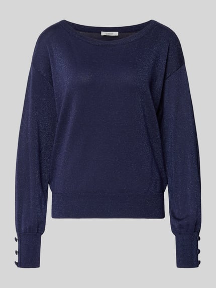 Produktfoto, granatowy sweter damski z wiskozowej mieszanki, regular fit, model 'Strickpullover mit Zierknöpfen Modell MOBBE' od B.Young, okrągły dekolt, ozdobne guziki, długość tyłu 55 cm, długość rękawa 55 cm, delikatna połyskująca tekstura